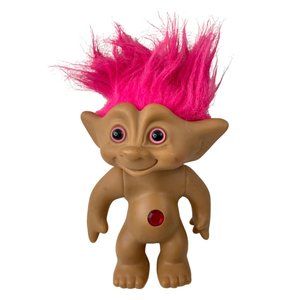 Vtg Ace Novelty (80s) Treasure Troll Doll W/Pink Hair Pink Eyes Red Jewel 8.5"